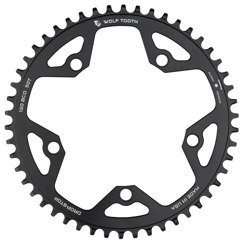 Wolf Tooth 130 BCD Road And Cyclocross Chainring - 38t 130 BCD 5-Bolt Drop-Stop 10/11/12-Speed Eagle And Flattop Compatible Black